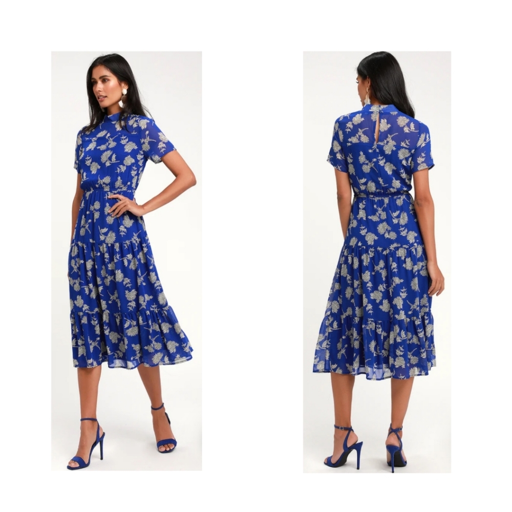 Royal Blue Floral Midi Dress by Lulus